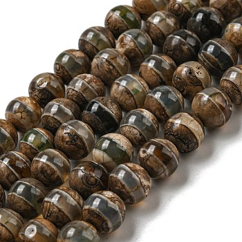 Tibetan Style dZi Beads Strands, Natural & Dyed Agate Beads, Round, Camel, Striped Pattern, 8mm, Hole: 1.4mm, about 49pcs/strand, 14.49''(36.8cm)
