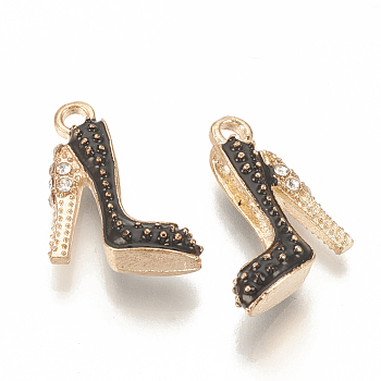 Alloy Enamel Stilettos Pendants, Cadmium Free & Lead Free, with Rhinestone, High-heeled Shoes, Light Gold, Black, 17.5x14x6mm, Hole: 2mm