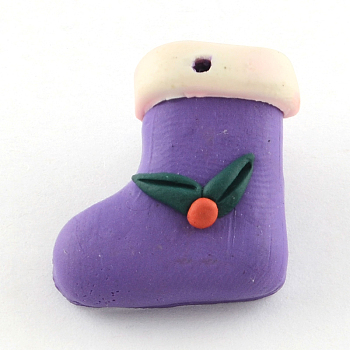 Handmade Polymer Clay Pendants, Christmas Shoes, Purple, 21mm long, 20mm wide, 9mm thick, hole: 1.5mm