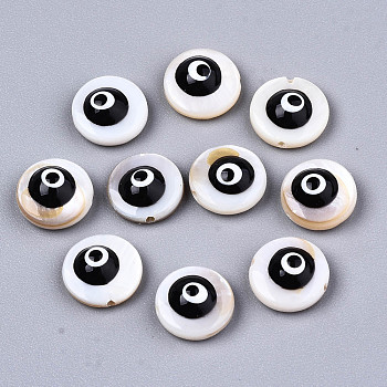 Natural Freshwater Shell Beads, with Enamel, Flat Round with Evil Eye, Black, 9x4.5mm, Hole: 0.8mm