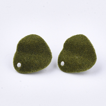Flocky Iron Stud Earring Findings, with Steel Pins, Olive Drab, 14x15mm, Hole: 1.5mm, Pin: 0.8mm