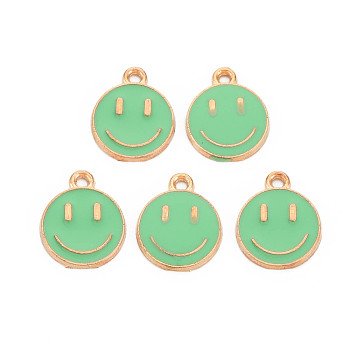 Alloy Enamel Charms, Cadmium Free & Lead Free, Smiling Face, Light Gold, Light Green, 14.5x12x1.5mm, Hole: 1.5mm
