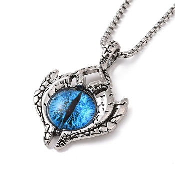 201 Stainless Steel Chain, Zinc Alloy and Glass Pendant Necklaces, Eye, Antique Silver & Stainless Steel Color, 23.31 inch(59.2cm)