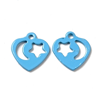 Spray Painted 201 Stainless Steel Charms, Heart with Star & Moon Pattern, Deep Sky Blue, 12x11.5x1mm, Hole: 1.4mm