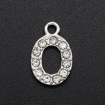 Alloy Rhinestone Charms, Platinum, Crystal, Letter, Letter.O, 12.5x8x2mm, Hole: 1.5mm