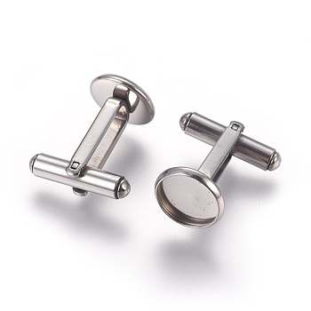 304 Stainless Steel Cuff Settings, Cufflink Finding Cabochon Settings for Apparel Accessorie, Flat Round, Stainless Steel Color, 26x12mm