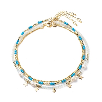 3Pcs 3 Style Natural Pearl & White Moonstone & Synthetic Turquoise & Opalite Beaded Necklaces Set, Brass Shell Star Charms Necklaces for Women, 15.75~16.57 inch(40~42.1cm), 1Pc/style