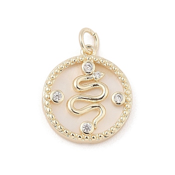 Brass Micro Pave Clear Cubic Zirconia Pendants, with Natural White Shell and Jump Ring, Flat Round with Snake, Real 18K Gold Plated, 18.5x16x3mm, Hole: 3.2mm