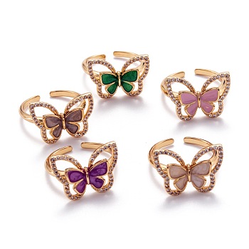 Brass Micro Pave Clear Cubic Zirconia Cuff Rings, Open Rings, with Enamel, Long-Lasting Plated, Golden, Butterfly, Mixed Color, US Size 8, 2.5mm, Inner Diameter: 18.1mm, Butterfly: 15x20mm