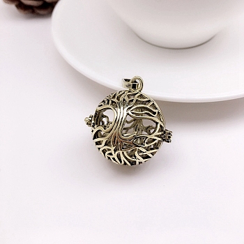 Brass Hollow Round with Tree of Life Cage Pendants, For Chime Ball Pendant Necklaces Making, Antique Bronze, 24x21mm