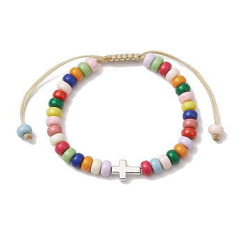 Colorful Rondelle Acrylic Braided Bead Bracelets, Cross CCB Plastic Adjustable Bracelets for Women, Platinum, Inner Diameter: 2~3-1/2 inch(5~9cm)