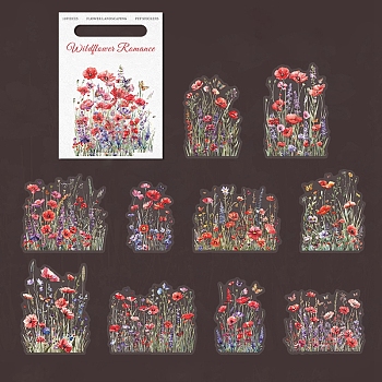 10Pcs PET Self-Adhesive Stickers, Flower Series, Waterproof, for DIY Photo Album Diary Scrapbook Decoration, Red, 55~80x45~80x0.1mm