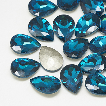 Pointed Back Glass Rhinestone Cabochons, Back Plated, Faceted, teardrop, Capri Blue, 8x6x3mm