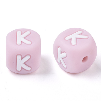 Food Grade Eco-Friendly Silicone Beads, Horizontal Hole, Chewing Beads For Teethers, DIY Nursing Necklaces Making, Letter Style, Cube, Pink, Letter.K, 10x10x10mm, Hole: 2mm