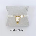 Bohemian Style Brass Rectangle Charm Bracelets, Round Beads Stretch Bracelets for Women, with Pearl and Enamel, Golden, Word, Inner Diameter: 2-3/8 inch(6cm)(FS-WG04134-05)