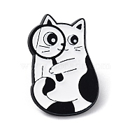 Cartoon Style Cat with Magnifying Glass Enamel Pins, Black Alloy Badge for Men Women, White, 26x18x1.5mm(JEWB-Q041-01B)