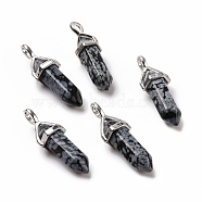 Natural Snowflake Obsidian Pendants, Faceted, with Platinum Tone Brass Findings, Lead free & Cadmium Free, Bullet, 27~30x9~10x7~8mm, Hole: 4x3mm(G-K329-65P)