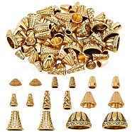 80Pcs 8 Style Tibetan Style Alloy Beads Cone & Caps, Cone & Flower, Antique Golden, 10~18x8~20x5~12mm, 10pcs/style(FIND-NB0003-15)