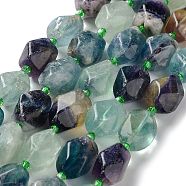 Natural Fluorite Beads Strands, with Seed Beads, Faceted, Rhombus, 17~21x13~16x12~15mm, Hole: 1.2~1.4mm, about 18~19pcs/strand, 15.35~15.79 inch(39~40.1cm)(G-C182-15-02)