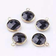 Golden Tone Brass Glass Flat Round Charms, Faceted, Black, 14x10.5x5mm, Hole: 1.5mm(GLAA-M003-B-26G)