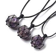 Natural Amethyst Round Pendant Necklace, Wax Rope Macrame Pouch Adjustable Necklace, 29.69~30.24 inch(75.4~76.8cm)(NJEW-H009-02-03)