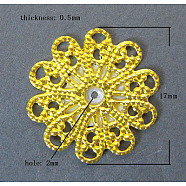 Brass Vintage Filigree Findings, Lead Free and Cadmium Free, Flower, Golden Color, Size: about 17mm in diameter, 0.5mm thick, hole: 2mm(X-KK-B554-G)