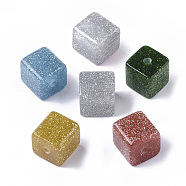 Resin Beads, with Silver Powder, Glitter Beads, Cube, Mixed Color, 16x16x16mm, Hole: 3.5mm(RESI-S377-39)
