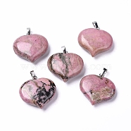 Natural Rhodonite Pendants, Love Heart Charms, with Platinum Tone Brass Snap on Bails, 24~25.5x25x9.5~10mm, Hole: 8x2.8mm(G-G956-D12)