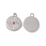 201 Stainless Steel Charms, Rose Rhinestone Flat Round with Star, Stainless Steel Color, 13x10.5x2mm, Hole: 1.2mm(STAS-J401-VC594)