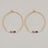 Glass Seed Beaded Hoop Earrings, Boho Beach Earrings, Flamingo, 30x30mm(XS8443-1)
