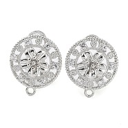 Hollow Flower Brass Micro Pave Cubic Zirconia Stud Earrings Finding, with Horizontal Loops, Cadmium Free & Lead Free, Platinum, 18x16mm, Hole: 1.5mm, Pin: 0.8mm(KK-E083-12P)