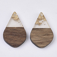 Transparent Resin & Walnut Wood Pendants, with Gold Foil, Waxed, Teardrop, Gold, 28x18x3.5mm, Hole: 1.8mm(X-RESI-S358-23-A01)