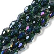 Transparent Electroplate Glass Beads Strands, AB Color Plated, Faceted, Teardrop, Dark Green, 15x10mm, Hole: 1.6mm, about 46~48pcs/strand, 27.95''(71cm)(EGLA-N013-T10mm-B15)