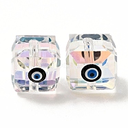 Transparent Glass Beads, with Enamel, Faceted, Cube with Evil Eye Pattern, Black, 10~11x9x10mm, Hole: 1.6mm(GLAA-F121-15C)