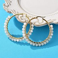 Beaded Hoop Earrings, with Natural Rainbow Moonstone Beads and Golden Plated 304 Stainless Steel Hoop Earrings, 50mm, Pin: 0.6x1mm(EJEW-JE03830-01)