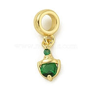 Rack Plating Brass Pave Cubic Zirconia Shield European Dangle Charms, Large Hole Pendants, Real 18K Gold Plated, Lead Free & Cadmium Free, Long-Lasting Plated, Green, 13.5x7x3.7mm, Hole: 4.6mm(KK-Z067-44G-03)