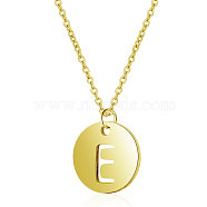 201 Stainless Steel Initial Pendants Necklaces, with Cable Chains, Flat Round with Letter, Golden, Letter.E, 16.3 inch(40cm), 1mm(NJEW-S069-TN508-E)