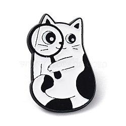 Cartoon Style Cat with Magnifying Glass Enamel Pins, Black Alloy Badge for Men Women, White, 26x18x1.5mm(JEWB-Q041-01B)
