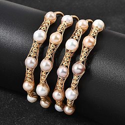 Brass Wire Wrapped Natural Pearl Cuff Bangles for Women, Round, Rack Plating, Long-Lasting Plated, Golden, Inner Diameter: 2.36 inch(6cm)(BJEW-D453-01G)