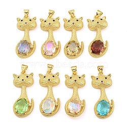 Rack Plating Brass Micro Pave Clear Cubic Zirconia Pendants, with Glass, Long-Lasting Plated, Cadmium Free & Lead Free, Cat Shapes Charms, Mixed Color, 30.5x13x6mm, Hole: 4x3.5mm(ZIRC-L100-159G)