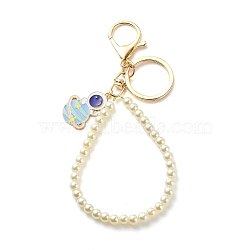 Alloy Enamel Spaceman Pendant Keychains, Glass-Based Imitation Pearl Keychains, with Alloy & Iron Keychain Clasp Findings, Sky Blue, 16cm, pendant: 32x23x1.5mm(KEYC-JKC00362-01)