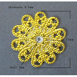 Brass Vintage Filigree Findings, Lead Free and Cadmium Free, Flower, Golden Color, Size: about 17mm in diameter, 0.5mm thick, hole: 2mm(X-KK-B554-G)