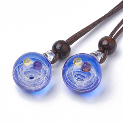 Handmade Gold Sand Lampwork Pendants, Galaxy Universe Ball, with Two Color Small Ball inside, Blue, 28~31x21~23x18~21mm, Hole: 3mm(LAMP-R137-C01)
