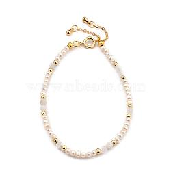 Beaded Bracelets, with Natural Pearl Beads, Natural Rainbow Moonstone Beads, Brass Beads & Spring Ring Clasps, Golden, 19.7cm(7-3/4 inch)(BJEW-JB05383-03)