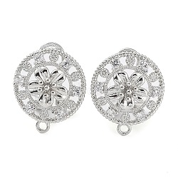 Hollow Flower Brass Micro Pave Cubic Zirconia Stud Earrings Finding, with Horizontal Loops, Cadmium Free & Lead Free, Platinum, 18x16mm, Hole: 1.5mm, Pin: 0.8mm(KK-E083-12P)