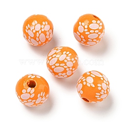 Printed Wood European Beads, Round with Paw Print Pattern, Dark Orange, 15.5~16mm, Hole: 4~4.5mm(WOOD-G022-09F)