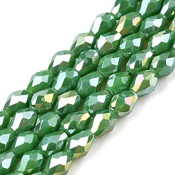 Opaque Solid Color Electroplate Glass Beads Strands, AB Color Plated, Faceted, Teardrop, Dark Green, 6x4mm, Hole: 0.9mm, about 65~67pcs/strand, 15.35~16.14 inch(39~41cm)(EGLA-N013-P4mm-B04)