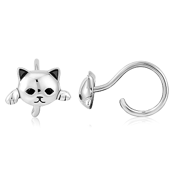 925 Sterling Silver Cute Cat Stud Earrings Half Huggie Hoop Earrings Zircon Stud Earrings Lovely Animal Ear Jewelry Gift for Women, Platinum, 14x9.9mm