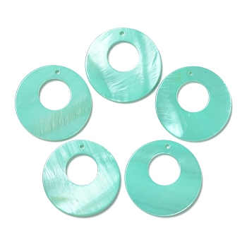 Spray Painted Natural Freshwater Shell Pendants, Flat Round Charms, Medium Aquamarine, 28x2.5mm, Hole: 1.2mm