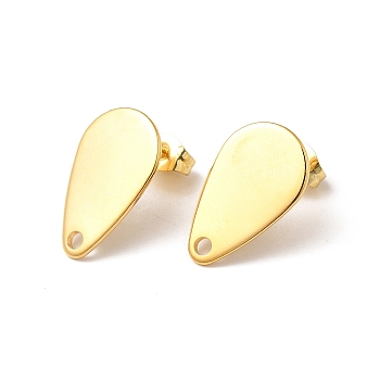 201 Stainless Steel Stud Earring Findings, with 304 Stainless Steel Pin & Hole & Friction Ear Nuts, Teardrop, Real 24K Gold Plated, 18x11mm, Hole: 1.8mm, Pin: 0.7mm